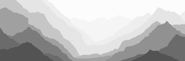 Black and white mountain landscape ridges in the fog panoramic