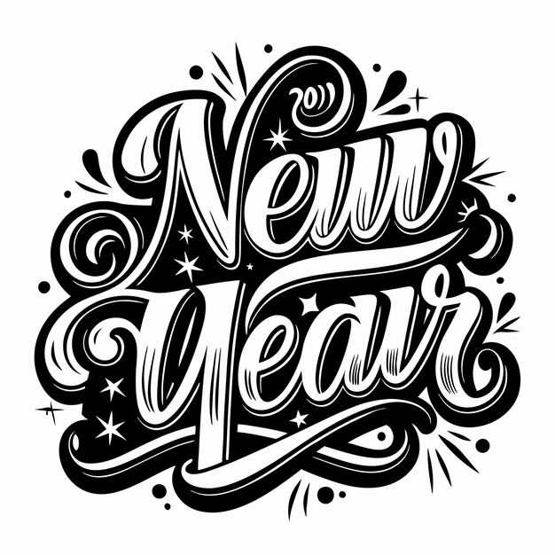 Vector black and white new year lettering with stars