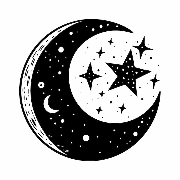 Black and White Night Sky Illustration with Crescent Moon and Stars