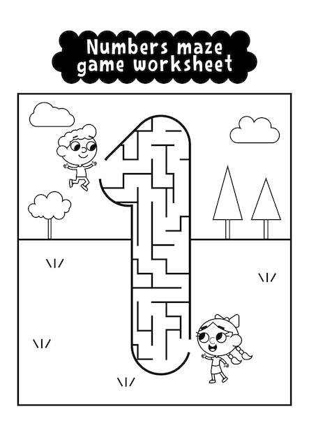 Black and white numbers maze game worksheet for preschool kids