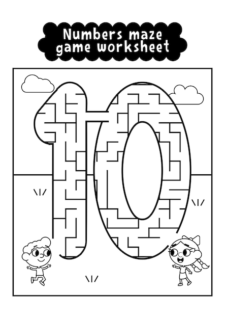 Black and white numbers maze game worksheet for preschool kids