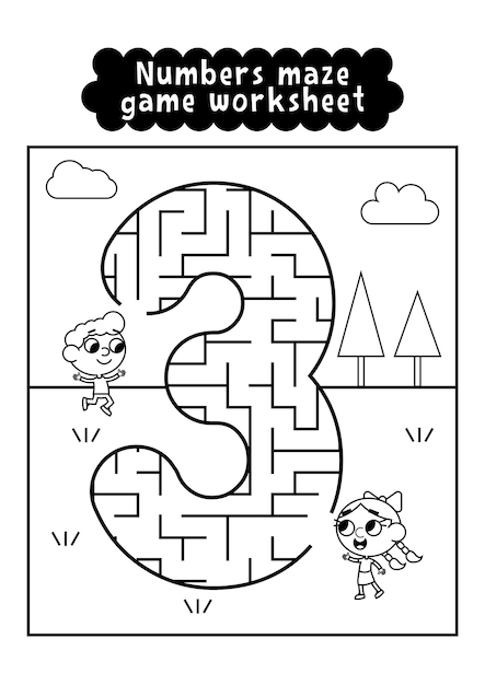 Black and white numbers maze game worksheet for preschool kids