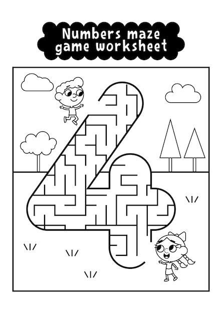 Black and white numbers maze game worksheet for preschool kids