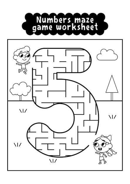 Black and white numbers maze game worksheet for preschool kids