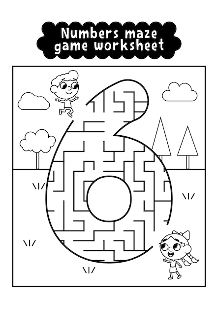 Black and white numbers maze game worksheet for preschool kids