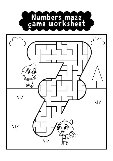 Black and white numbers maze game worksheet for preschool kids