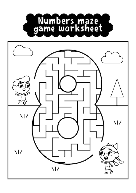 Black and white numbers maze game worksheet for preschool kids