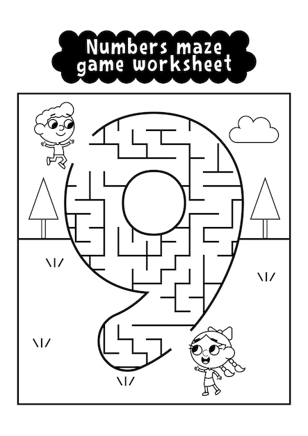 Black and white numbers maze game worksheet for preschool kids