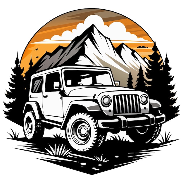 Black and White offroad Jeep silhouette camping car vector