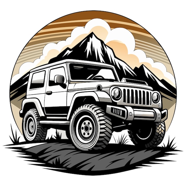 Black and White offroad Jeep silhouette camping car vector