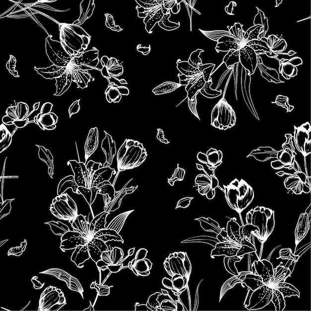 Black and white outline tulips pattern