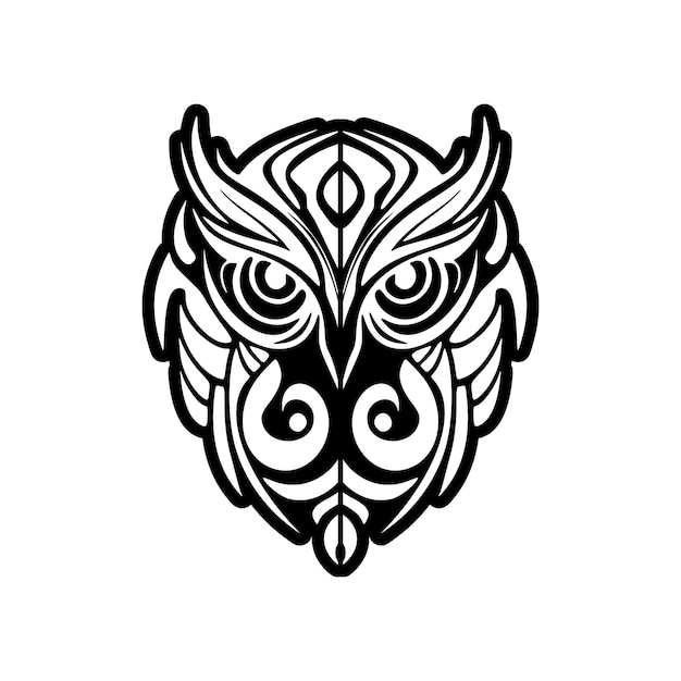 A black white owl tattoo featuring Polynesian designs