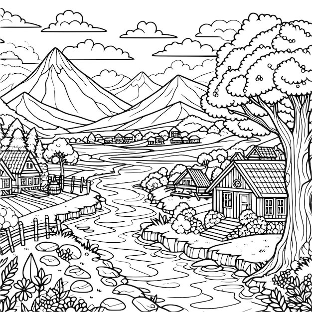 Black and White Panorama View for Creative Coloring Book Illustrations