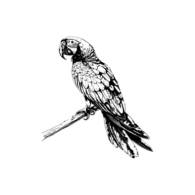 Vector black and white parrot illustration with detailed feathers vector illustration design