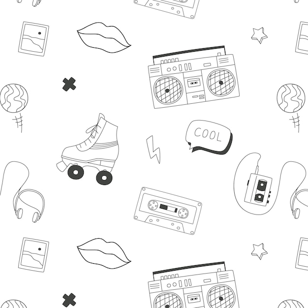 Black and white pattern in the style of the 80s and 90s with elements and objects of the past