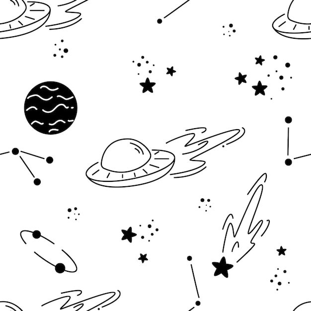 A black and white pattern with a planet and stars.