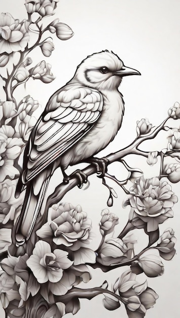 A black and white pencil drawing of a birds on a rose in the style