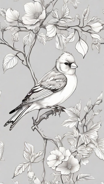 A black and white pencil drawing of a birds on a rose in the style