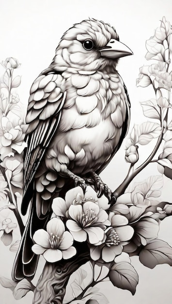 A black and white pencil drawing of a birds on a rose in the style