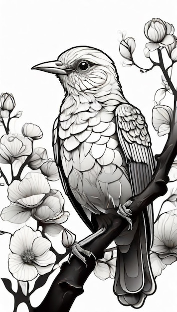 A black and white pencil drawing of a birds on a rose in the style