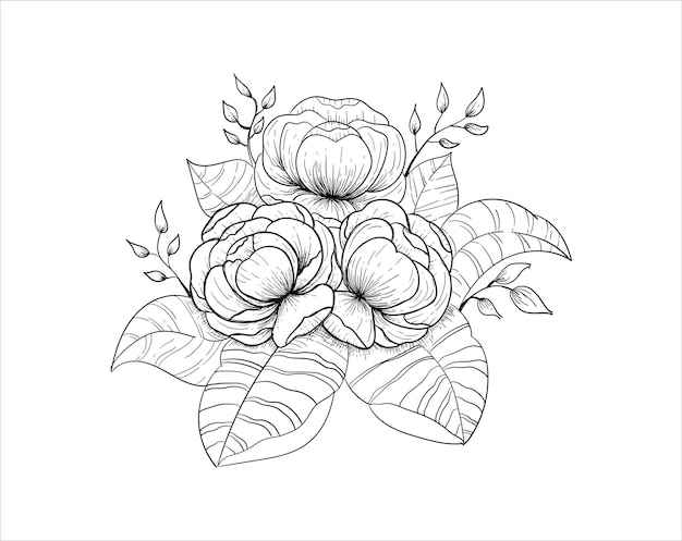 Black and white peony lineart botanical illustration Vintage floral clip art handdrawn flower