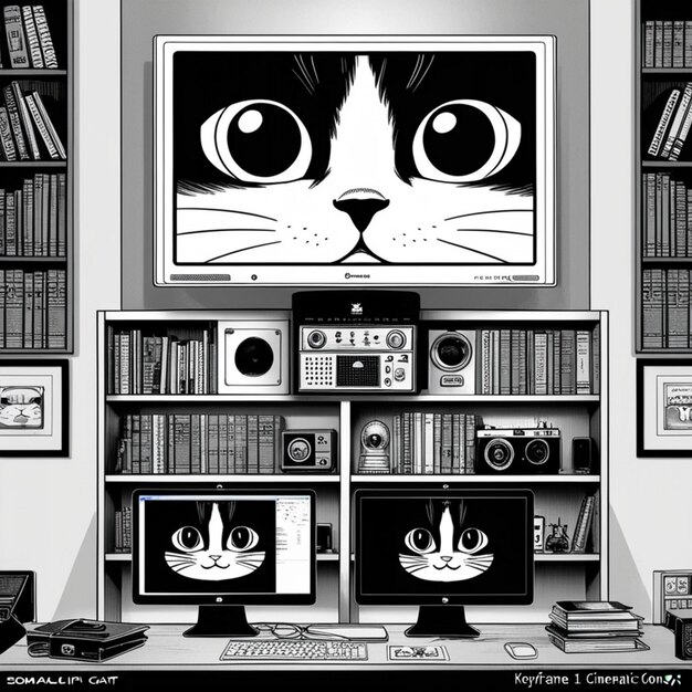 Vector a black and white photo of a cat on a shelf with bookshelves and a cat on the wall