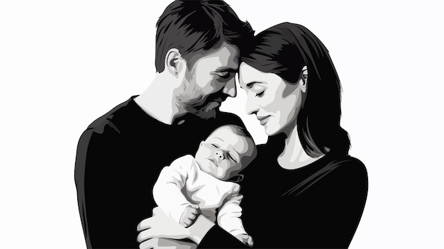 a black and white photo of a couple and their baby