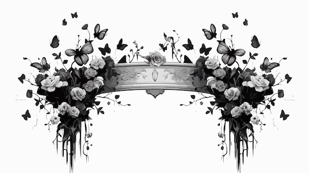 Vector a black and white photo of a crown with butterflies on it