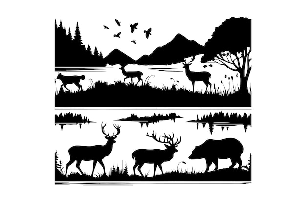 Vector a black and white photo of deers and a lake with a forest in the background