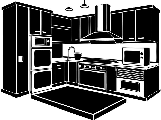 Vector a black and white photo of a kitchen with a stove and oven