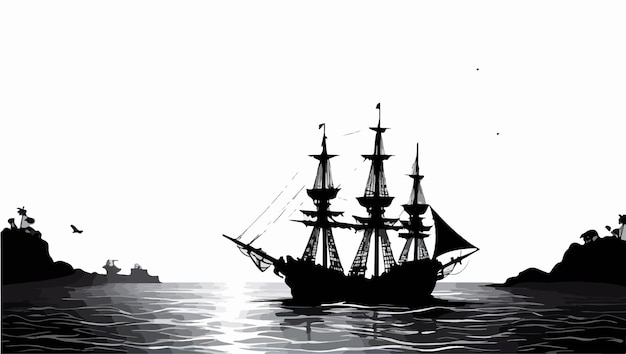 a black and white photo of a ship with a sail on the bottom