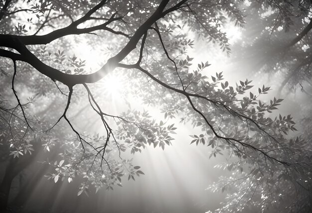 Vector a black and white photo of tree branches with leaves silhouetted against a bright sunlit sky creating a dramatic contrast