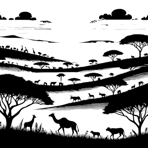 a black and white picture of animals and trees with a black and white background