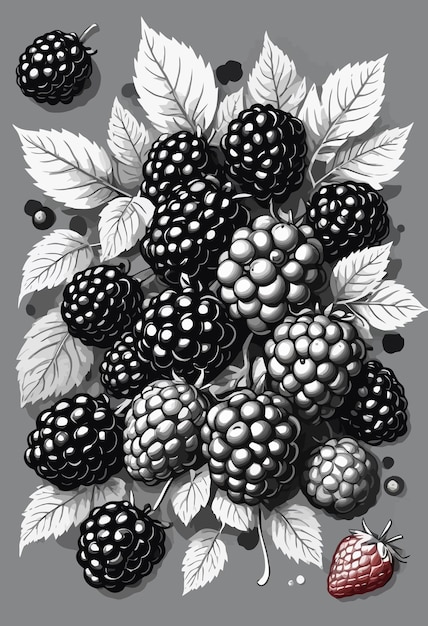 Vector a black and white picture of black berries and leaves with leaves and berries