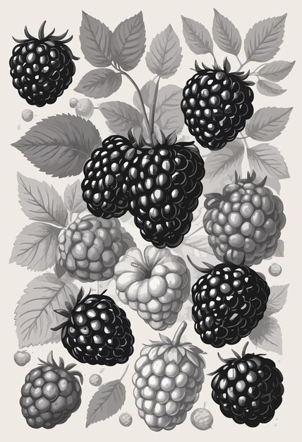 Vector a black and white picture of blackberries and blackberries