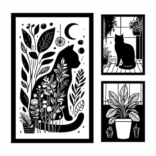 a black and white picture of a cat and plants