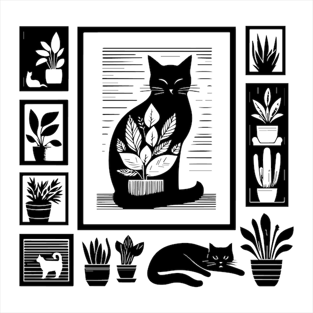 a black and white picture of a cat with a plant in the middle