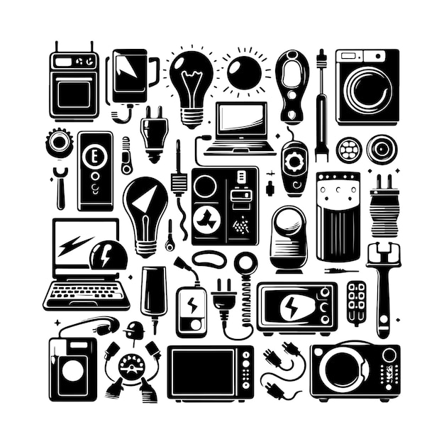 Vector a black and white picture of a collection of electronic devices