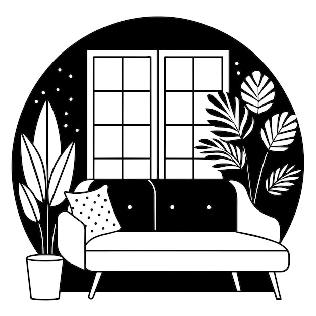 a black and white picture of a couch with a window and a plant in the background