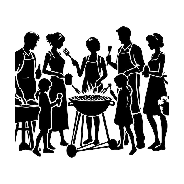 a black and white picture of a family cooking food