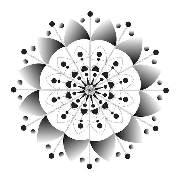 a black and white picture of a flower design with black dots and white circles