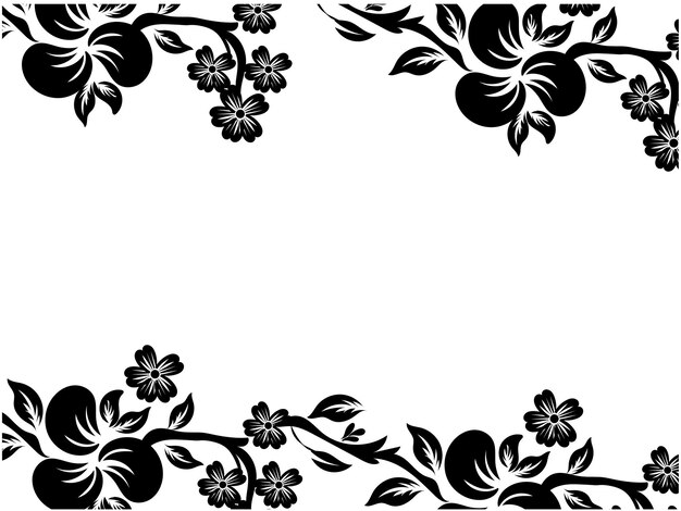 a black and white picture of flowers and leaves on a white background