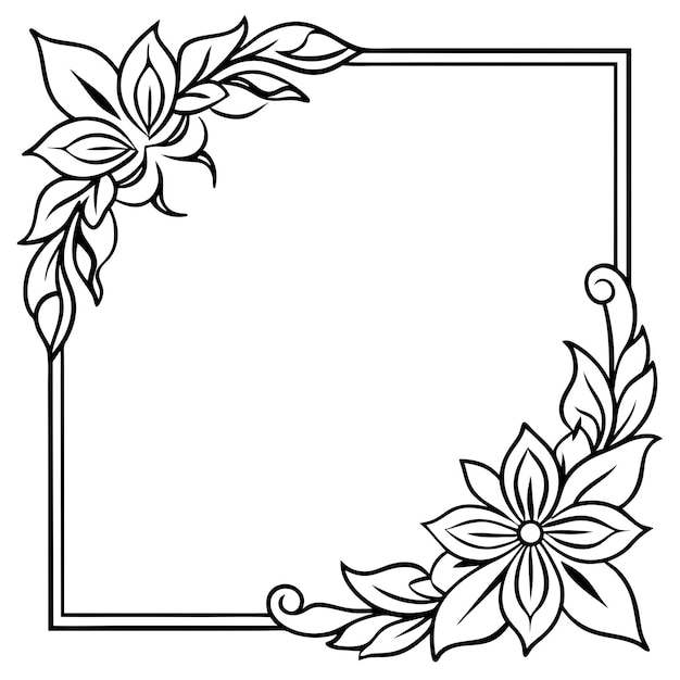 a black and white picture of a frame with flowers and leaves