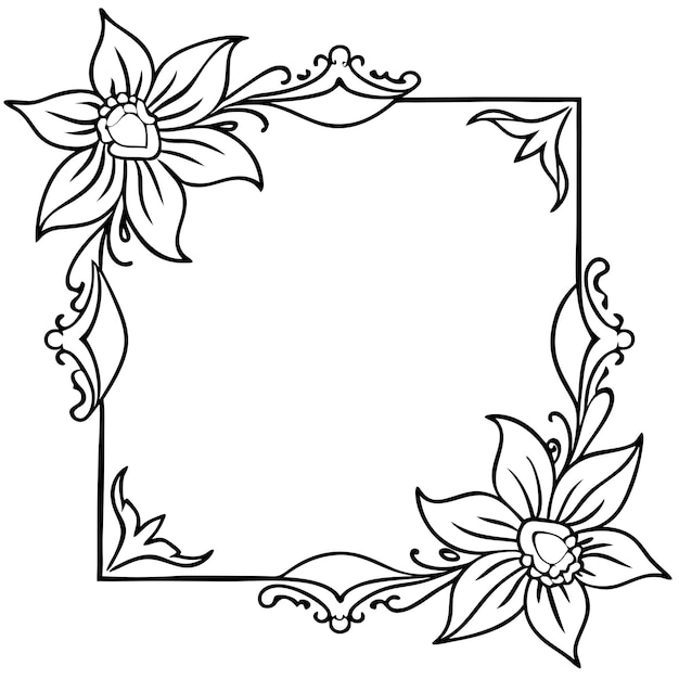 a black and white picture of a frame with flowers and a white background