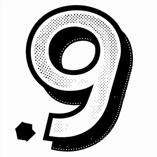 a black and white picture of a number 9 with dots