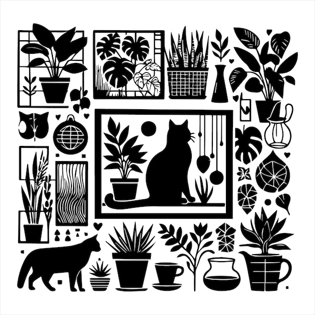 a black and white picture of plants and a cat