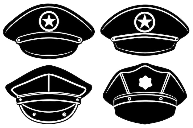 a black and white picture of a police hat with a badge on it