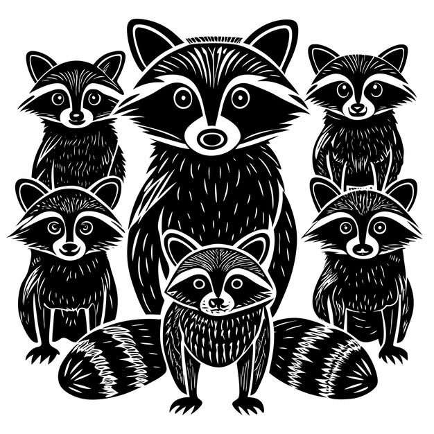 Vector a black and white picture of a raccoon family