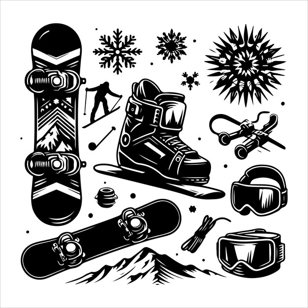 Vector a black and white picture of a snowboard and a snowboard with a snowboard and snowboard