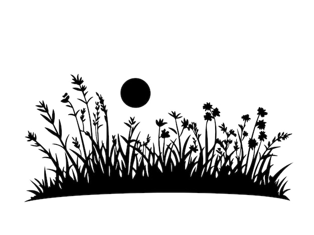 a black and white picture of a sun and grass with the moon in the background